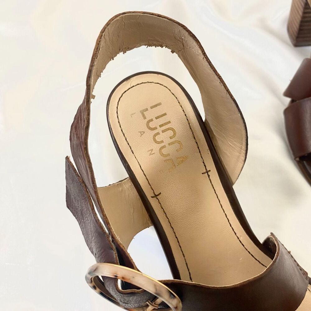 Lucca Lane Dark Brown Leather Tortoise Clasp Lace Up Chunky Heel Sandals US 8.5 - Picture 3 of 8